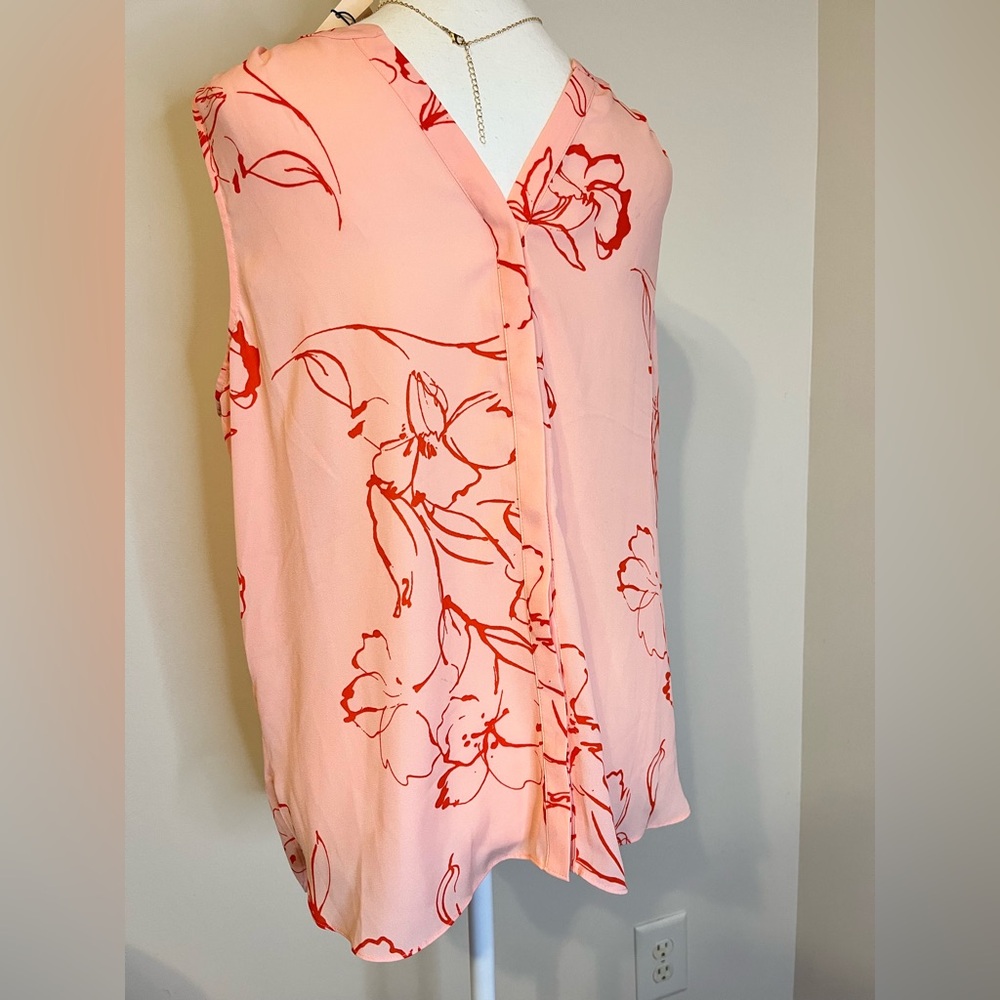 NYDJ Pink and Red Pleated Blouse with Mandarin Collar